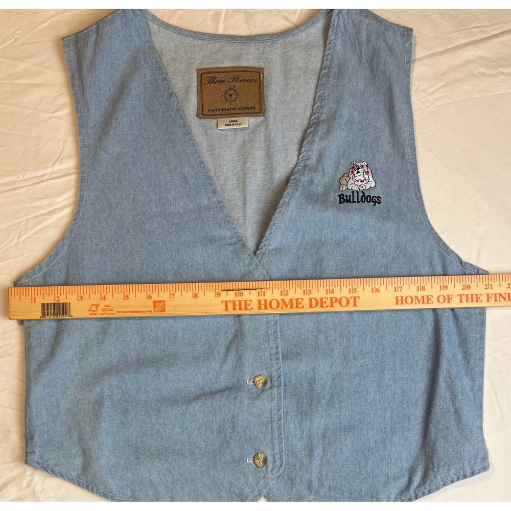 Vtg Three Rivers Authentic Denim Vest Large Bulldogs Embroidered Light Wash 90s
